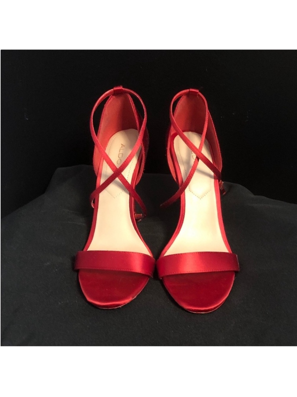 Aldo Scarlet Red Satin Crisscross Strap High Heels - Picture 2 of 6
